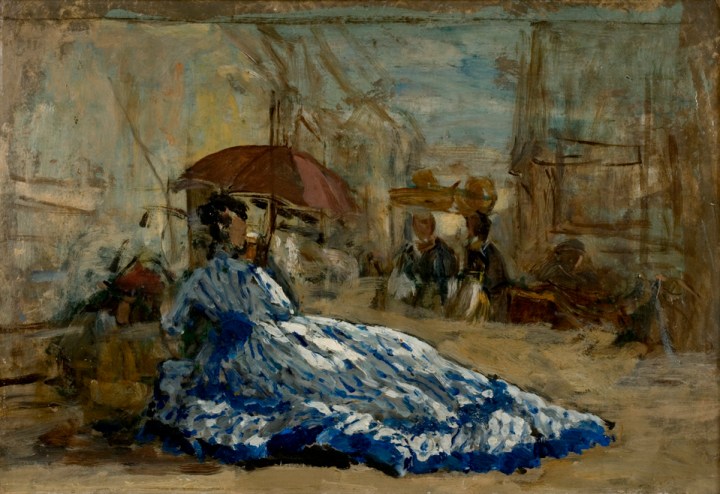 16. Femme en robe bleue sous une ombrelle, vers 1865